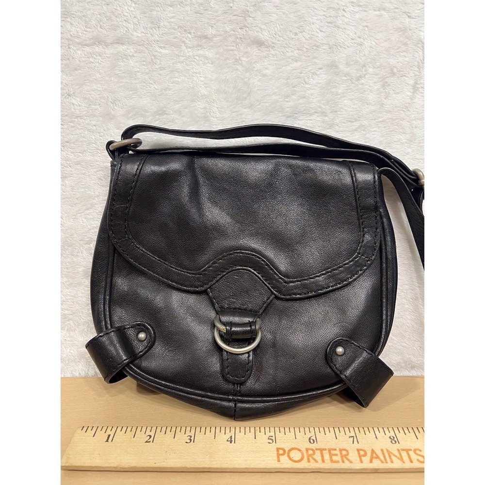 5th Avenue Black Genuine Leather Saddle Crossbody Bag Flap D-Ring Small Purse